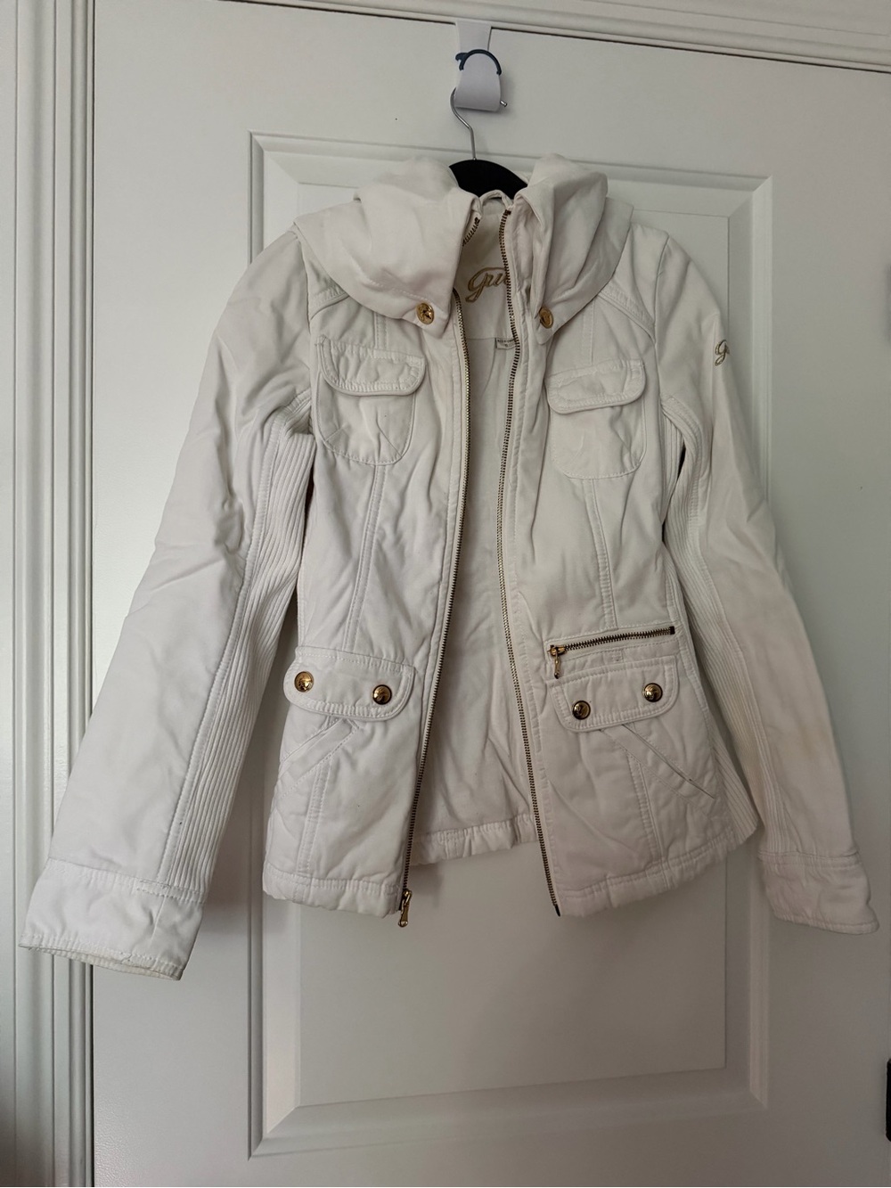 Guess White Hooded Utility Jacket with Gold Hardware